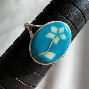 Mexico Alpaca Silver Tone Blue Enamel Oval Flower Floral Ring size 6.5